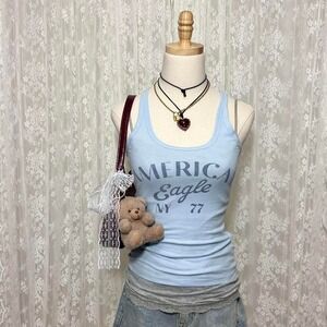American Eagle‎ Baby Blue Tank Top Size XS Summer Graphic Preppy Lounge